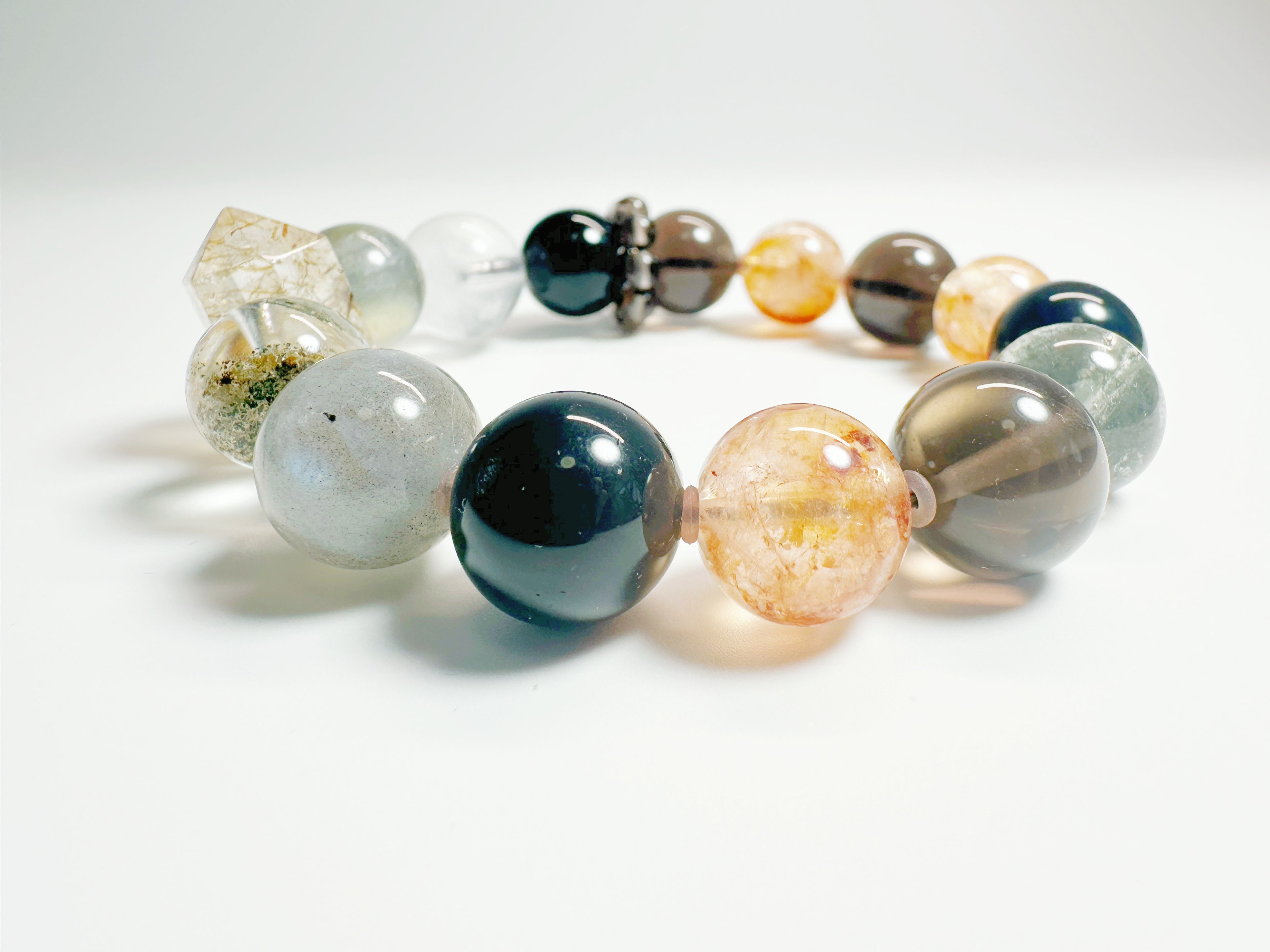 Cosmic Mystery Bracelet: Labradorite & black obsidian for spiritual protection + intuition boost. Bazi Metal-Water aligned, Suppor Baiyun Temple blessed.