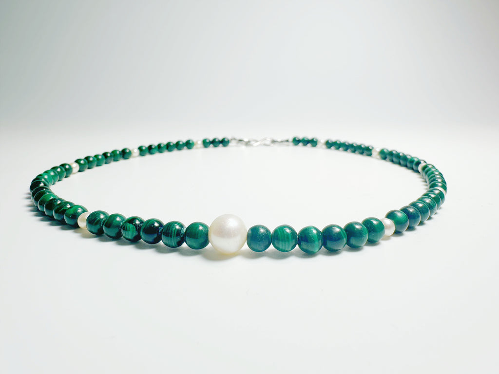 The Bì(碧) – Handcrafted, Pearl & Malachite Necklace