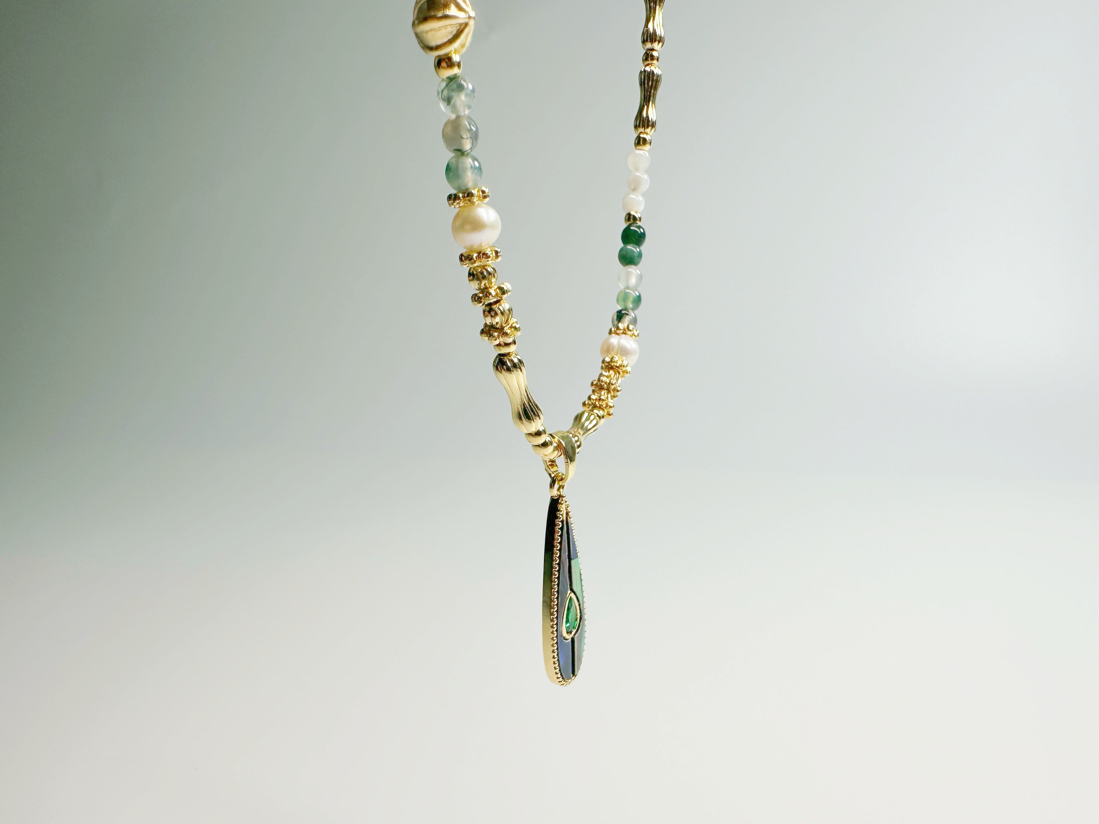 Feng Shui  jade pendant - metaphysical prosperity jewelry . Mother-of-Pearl
& Abalone Shell & Alloy & Green Agate 